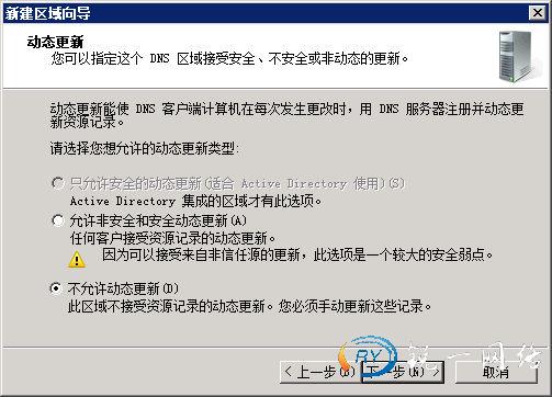 选择DNS区域是否接受动态更新